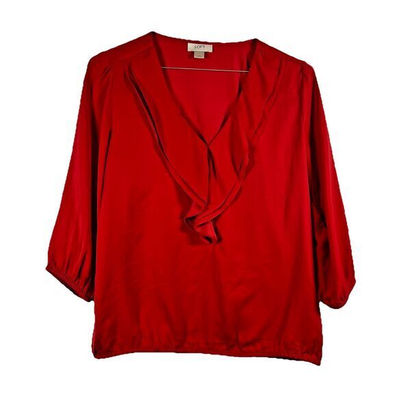 Ann Taylor Loft Blouse M Red Ruffle Silky Top - Picture 1 of 8
